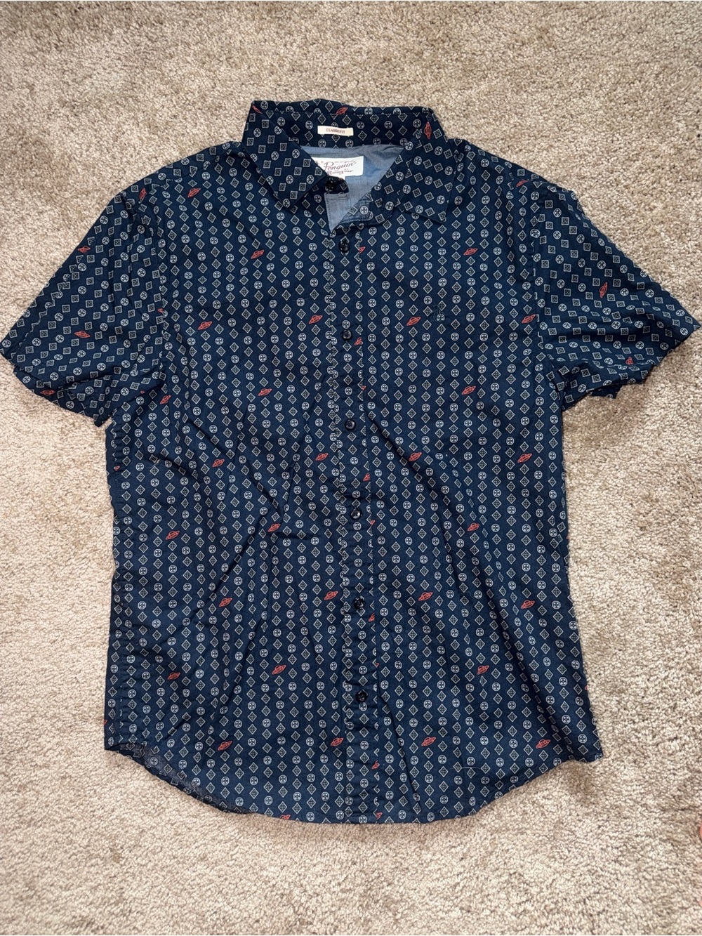 Original Penguin Navy Short-Sleeve Button-Down Shirt with Small Geometric Print